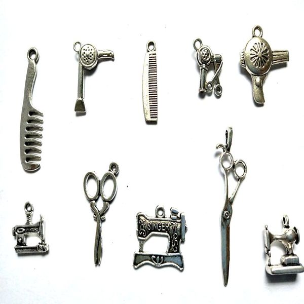 2019 Comb Hair Dryer Sewing Machine Scissors Charms Vintage Silver