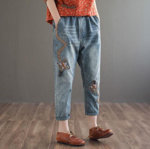 

2020 весна вышитые джинсы женщина новый стиль vintage denim шаровары ретро литература эластичный пояс карман брюк casual, Blue