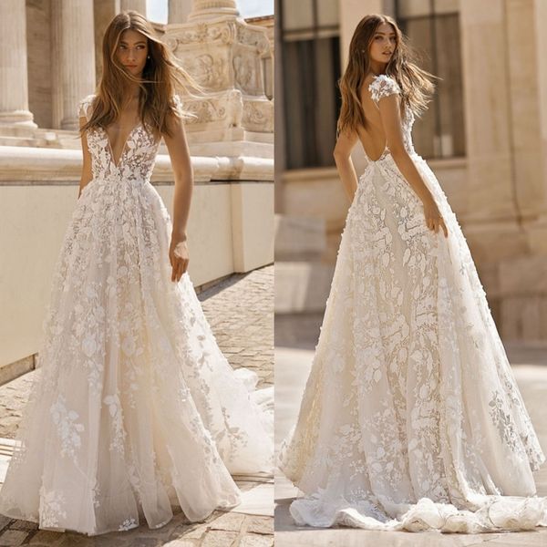 

2019 berta lace backless wedding dresses a line deep v neck beach bridals gowns appliqued sweep train bohemian vestidos de noiva, White