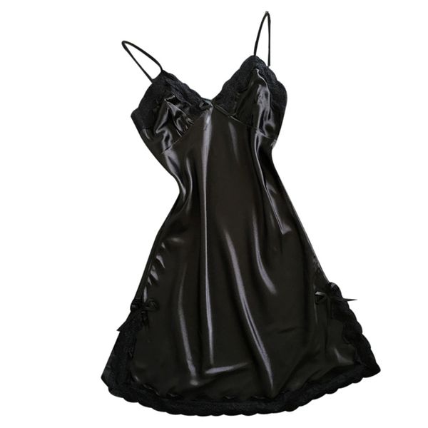 

sleepwear women satin bowknot lace lingerie babydoll v-neck sleepdress underwear nightgown nightgown @8, Black;red