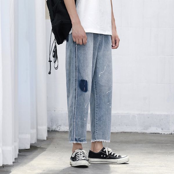 

wash dyeing constellation printing contrast color bursted leg men straight jeans 2019 summer male directly cowboy trousers, Blue