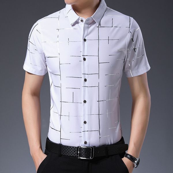 

men white striped printed shirt 2020 summer business dress casual mens short sleeve shirts fashion camisa man social plaid shirt, White;black