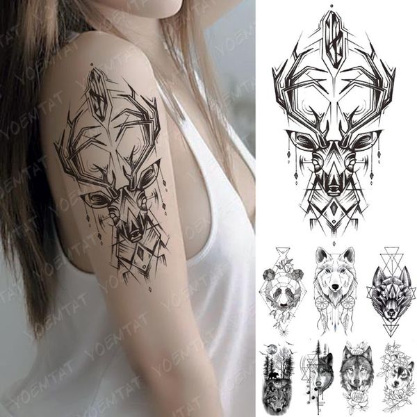 

waterproof temporary tattoo sticker line geometry panda wolf tattoos deer flowers body art arm fake sleeve tatoo women men