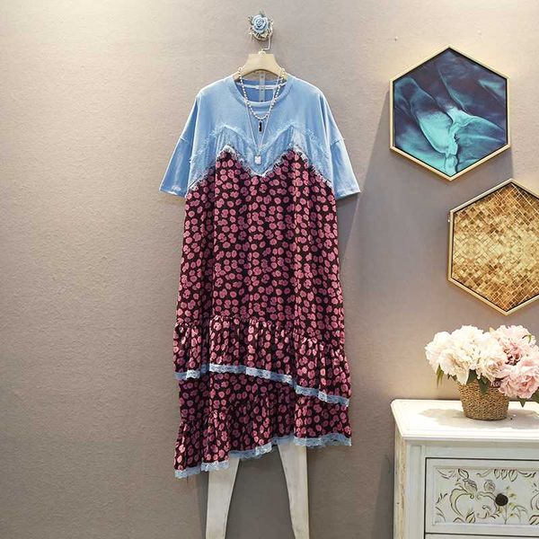 

ewq] 2020 spring summer new arrivals o-neck short sleeve lace patchwork print pattern women fashion casual loose dress aw98405, Black;gray