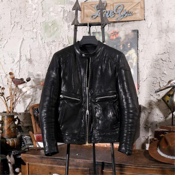 

italian oil wax vegetable tanned sheepskin stand collar motorcycle leather jacket men's short genuine leather clothes, Black