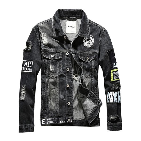 

moruancle men's hi street ripped denim trucker jacket with patches streetwear destroyed jean jackets outerwear for male printed, Black;brown