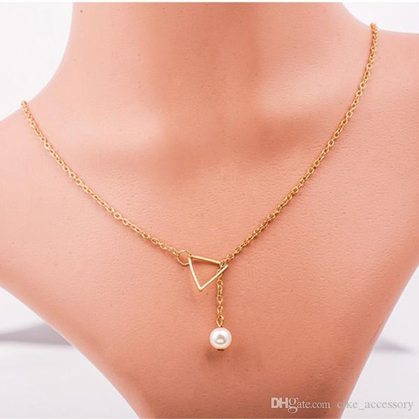 

y shape necklace white plastic pearl pendant through triangle silver gold color metal chain women gift