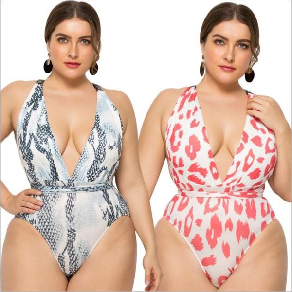

women's swimwear plus size large women one-piece suits fat man deep v printed spaghetti strapt halter bikini swimsuit b012, White;black