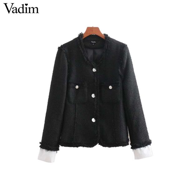 

vadim women elegant tweed jacket coat tassel patchwork buttons pockets long sleeve coats female black outerwear ca135, Black;brown