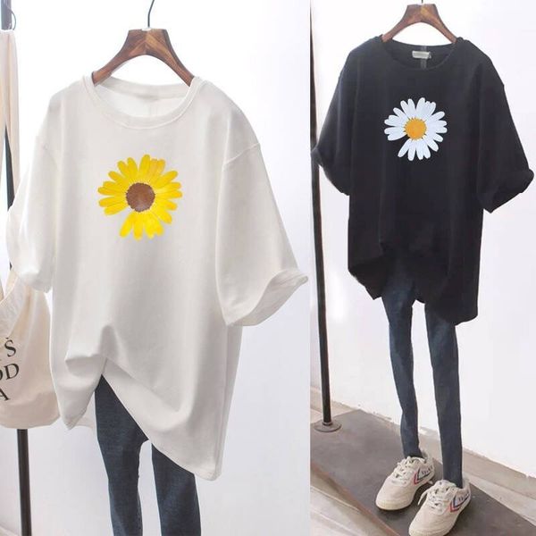 

daisy printed short-sleeved women's t- shirt medium-long large size women's loose ins white t-shirt top