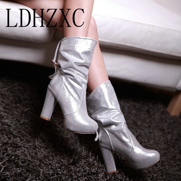 

ldhzxc women shoes mid calf boots fashion stretch fabric thin high heel round toe sock boots winter women size 34-43, Black