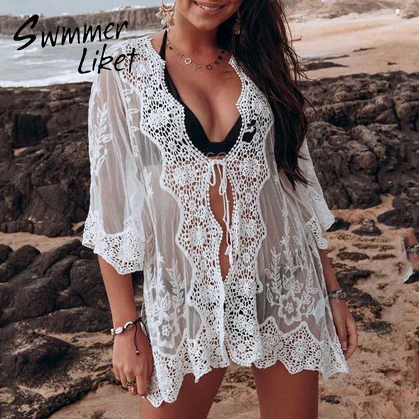 

lace bikinis 2020 mujer white swimwear women summer beach wear gossamer short beach dress women cover-ups kimono new kaftan