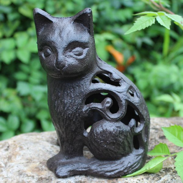 Hohle Katze aus Schmiedeeisen, Heim- und Gartendekoration, ländliche Metall-Tierfigur, Landhaus, Hof, Terrasse, Innenhof, Dekoration, Ornament, braun, antik