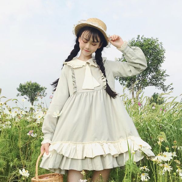 

spring mori girl lolita sweet dress women japanese peter pan collar loose lantern sleeve ruffled female cotton dress k076, Black;gray