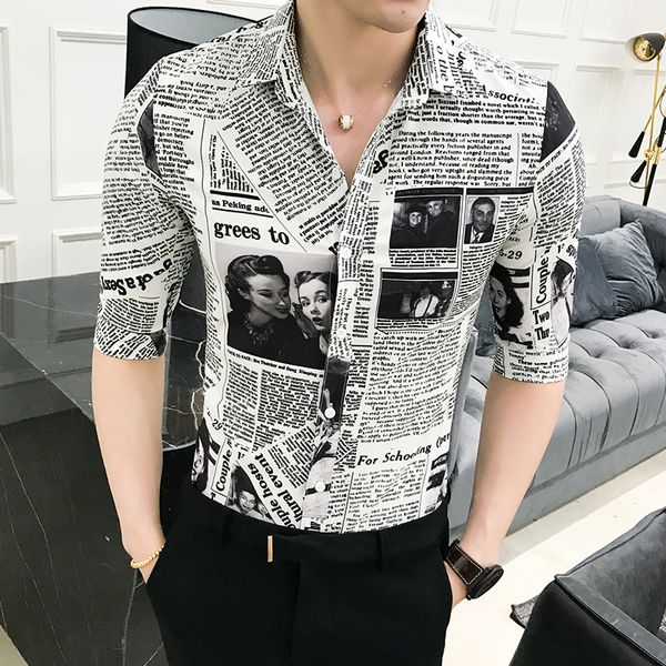 

newspaper print shirt 2018 designer pattern shirt camisa social masculina stylish for men party club unique slim fit, White;black