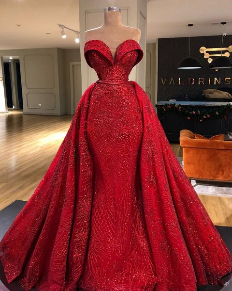 Sexy rote Pailletten-Spitze-Meerjungfrau-Abschlussballkleider mit abnehmbarer Schleppe, elegantes herzförmiges Abendkleid, lang, formelles Partykleid in Übergröße