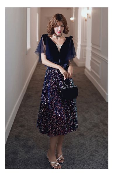 

charming velvet sequins women evening gown unique tulle sleeves v neck long prom dress custom made, Black