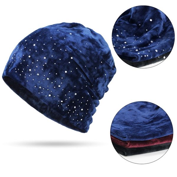 

new fashion diamond decorative beanies hat velvet winter ladies hat woman warm skullies soft cap slouchy female rhinestone, Blue;gray