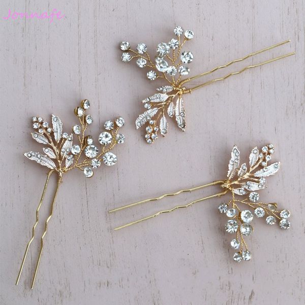 

jonnafe gold leaf hair pins bridal rhinestone jewelry wedding accessories hair ornaments women headpiece handmade, Golden;white