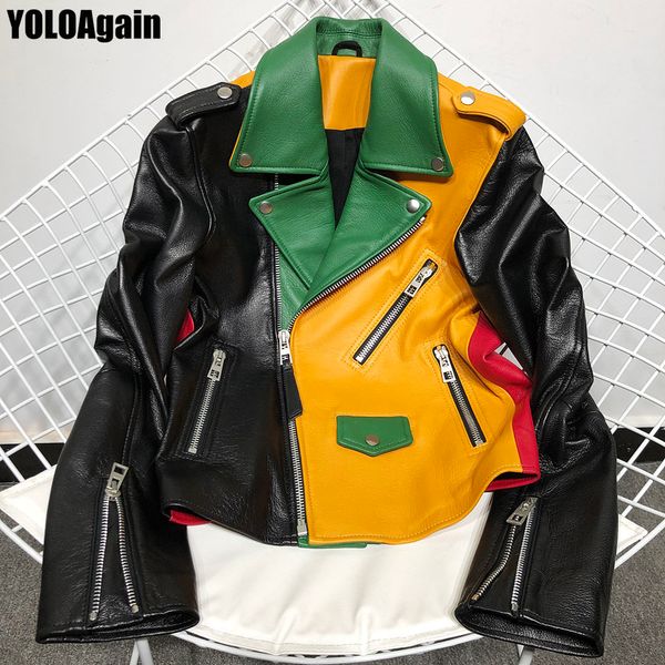 

yoloagain women genuine leather jacket ladies patchwork real sheepskin leather jacket, Black
