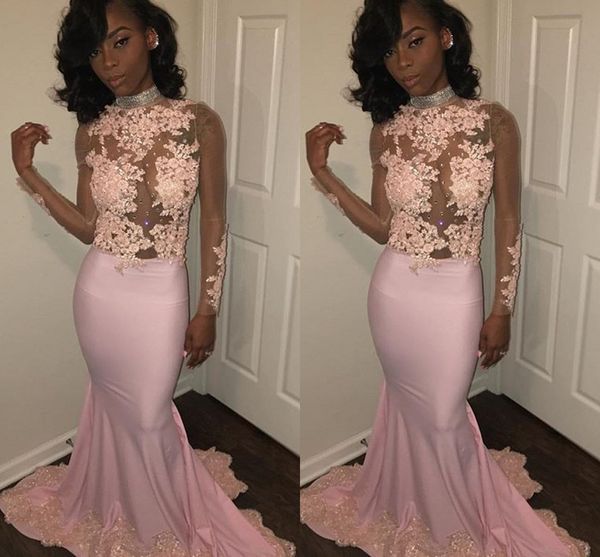 

black girls 2019 mermaid prom dresses high jewel neck lace applique long illusion sleeves formal special occasion dresses robes de soirée