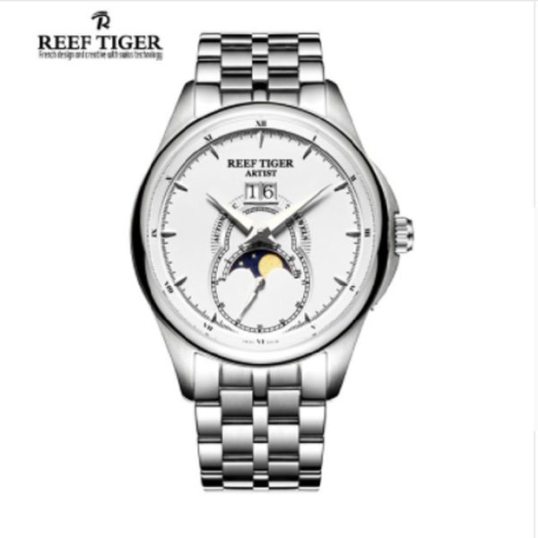 

reef tiger brand fashion watches men moon phase calendar watches stainless steel bracelet watch automatic watches rga1928, Slivery;brown