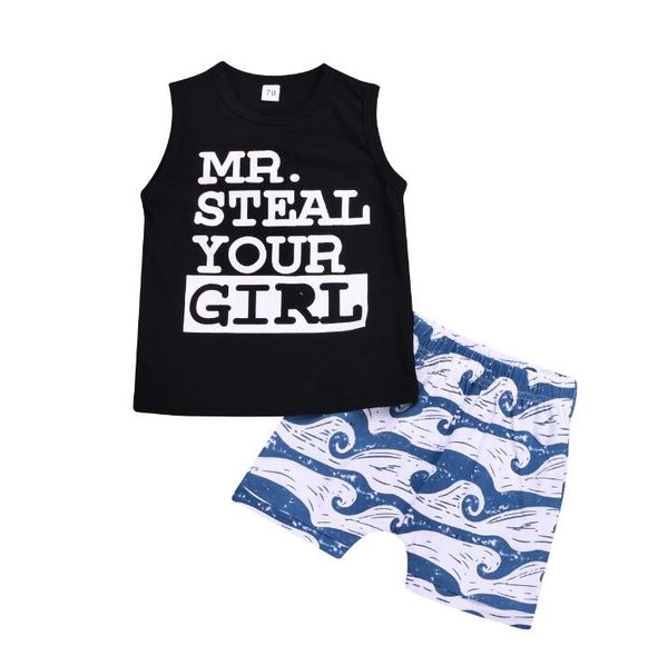 

wholesale 2019 summer new kids designer clothes boys sleeveless vest + printed shorts two-piece suit baby infant boy designer clothes by1007, White