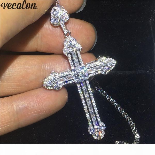 

vecalon handamde длинный крест кулон 925 стерлингового серебра 5a cz каменный крест кулон ожерелье для женщин мужчины партии свадьба jewelry, Silver