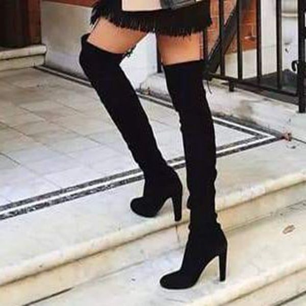 

women thigh high boots fashion suede leather high heels lace up female over the knee boots plus size shoes, Black