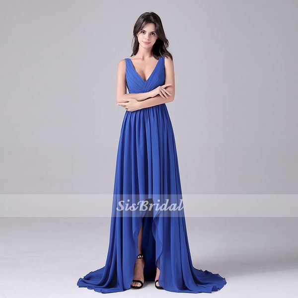 

a-line v-neck sweep/brush train strapless royal blue chiffon backless asymmetrical prom/evening dress, White;black