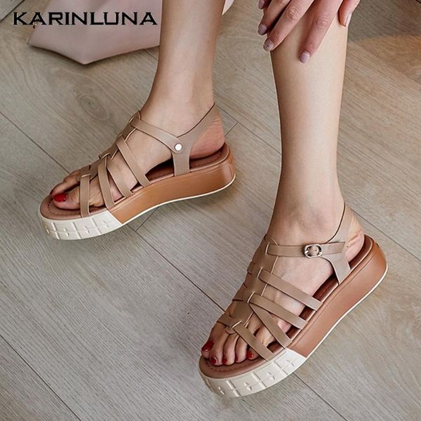 

karin 2020 genuine leather women pumps med wedges platform metal decoration summer casual woman gladiator sandals, Black