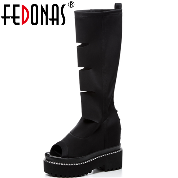 

fedonas elastic fabric metal decoration women basic increase within square heels pumps open toe night club spring shoes woman, Black
