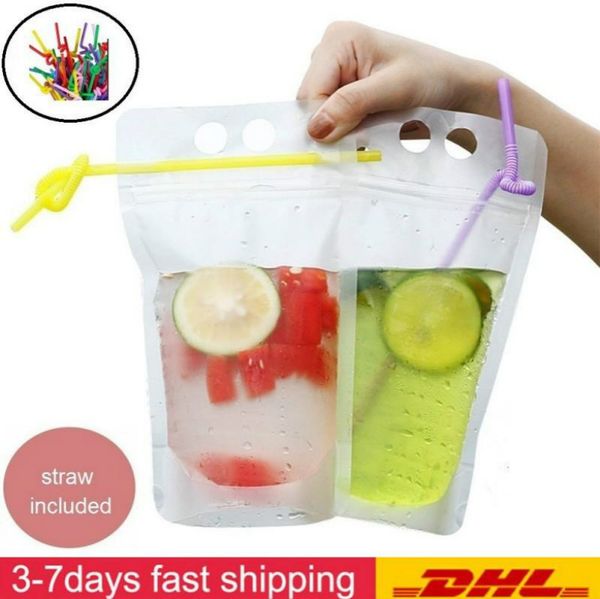 

dhl ship 500ml clear drink pouches bag with straw reclosable zipper heavy duty hand-held translucent stand-up plastic pouches bags drinking
