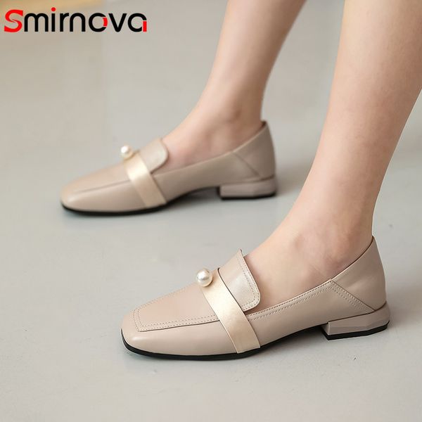 

smirnova 2020 genuine leather single shoes women pearl spring summer flat shoes comfortable simple ladies loafers, Black