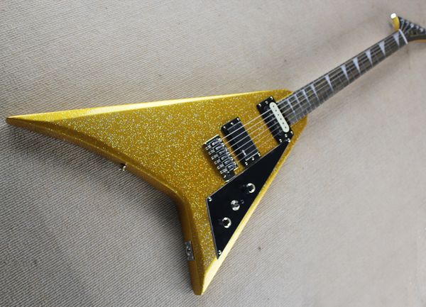 

factory wholesale metallic golden v shape electric guitar with black pickguard,rosewood fingerboard,offering customized services