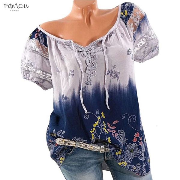 

Casual Short Sleeve Women Blouse Vintage Blusas Print Lace Loose Shirts Female Bohemian Plus Size 5Xl Top