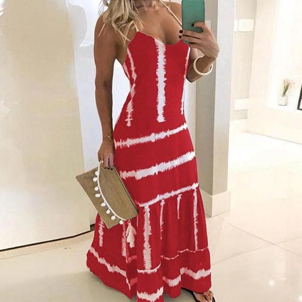 

casual dresses women sling printed long summer bohemian v-neck sleeveless party beach floarl print maxi dress boho sundress, Black;gray
