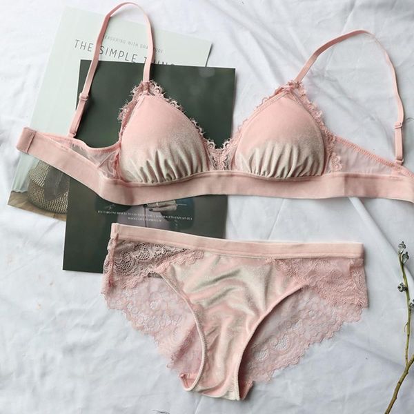 

women padded wire triangle cup push up soft underwear velvet lace with pants bra set adjustable strap gather lingerie, Red;black