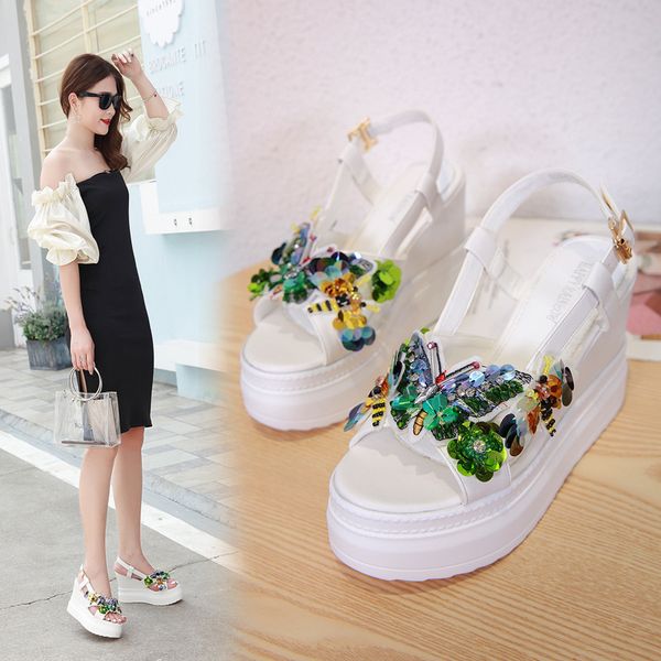

flat shoes female house slippers platform butterfly-knot increased internal flower on a wedge slipers women slides soft, Black