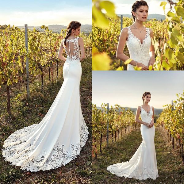 

boho lace mermaid wedding dresses 2020 v-neck tulle appliques custom made bohemian wedding gowns sweep train bride dresses vestido de novia, White