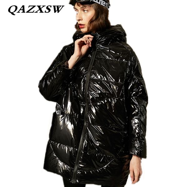 

2018 new winter large size loose warm thick hooded long women down jacket fashion trendy temperament solid 90% down coat lf206, Black