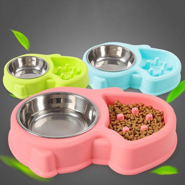 

dog cat bowls stainless steel puppy kitten bowl slow feeder bowl pet cat non-slip drink water dual bowls blue pink green