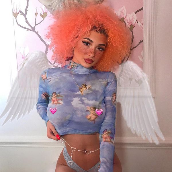 

2019spring summer new women transparent gauze blouse long sleeve crop-short t-shirt style cupid print blouse for women s  l, White