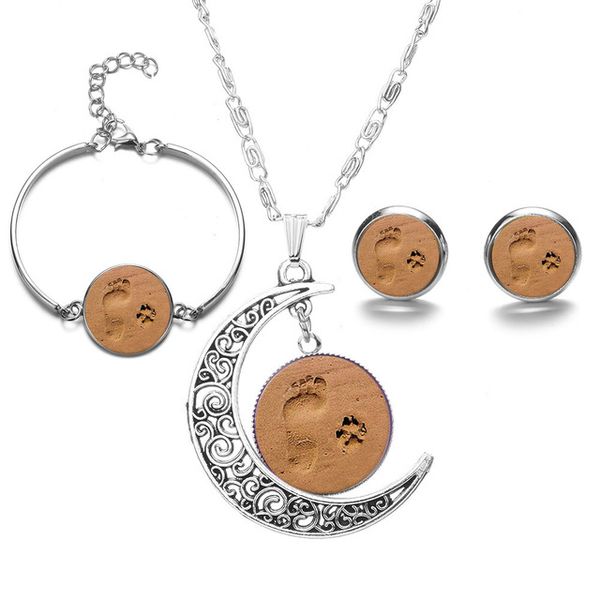 

fashion cute beach pet paw & human footprint necklace earring and bracelet jewelry set for women girls children gift, Slivery;golden
