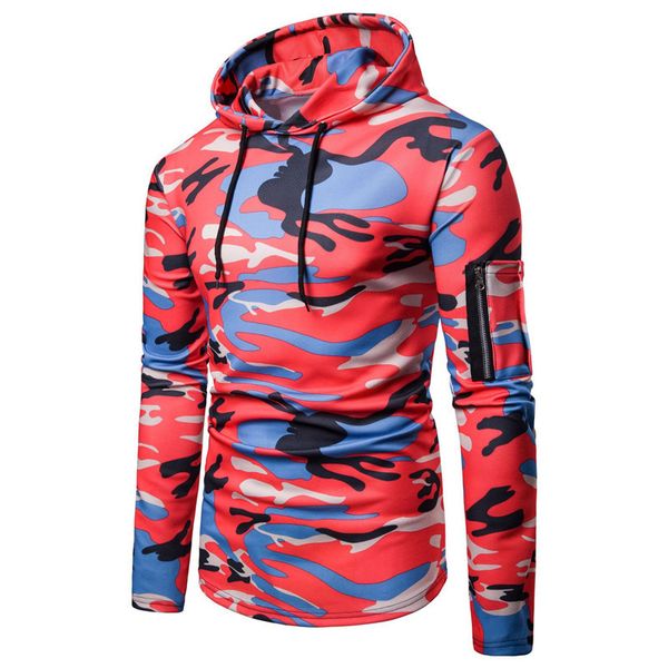 

men red green camouflage print hooded sweatshirt drawstring patchwork pockets youth spring autumn casual cotton hoodies hoody