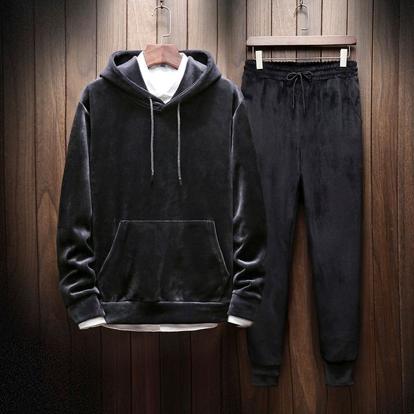 

autumn men's sanitary clothes two-piece hat-and-dress couple suit for young students golden velvet sportswear, Black