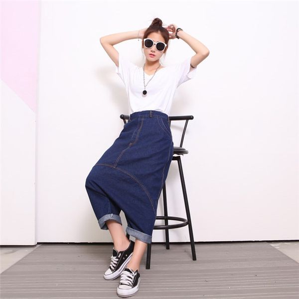 

2019 summer women high waist wide leg cross-pants new fashion bottoms zippers pocket haren pants button calf-length jeans, Blue