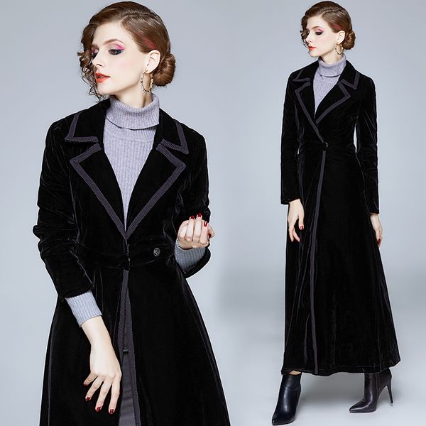 

2019 autumn winter velvet trench coat women abrigo mujer long elegant notched outwear female overcoat slim black cardigan trench, Tan;black