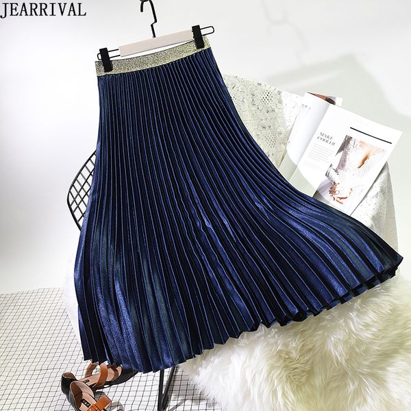 

fashion elastic high waist long pleated skirt 2019 spring women ball gown casual work office vintage midi skirts faldas mujer, Black