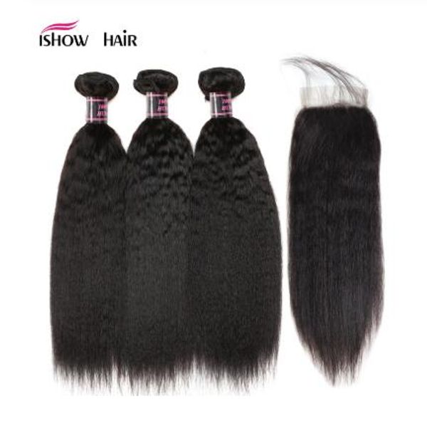 

yaki straight human hair bundles with closure brazilian hair weave bundles with closure non remy 2/3 bundles with closure, Black;brown